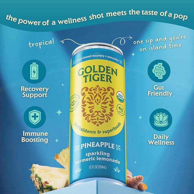 Golden Tiger Turmeric Sparkling Lemonade, Pineapple 12-Pack ??Curcumin & Ginger for Inflammation ??Sparkling Wellness Drink with Organic Superfoods + Antioxidants for Recovery, Immunity, Gut Health - 4g Sugar, 20 Calories