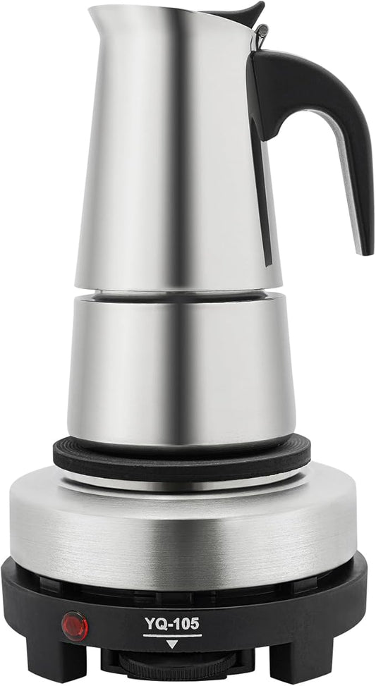 Stovetop Coffee Maker, 4 Cup Stainless Steel Moka Pot Espresso Maker Coffee Pot with Electric Stove, 500W Stovetop Espresso Machine Italian Espresso Maker for Home Bar Office