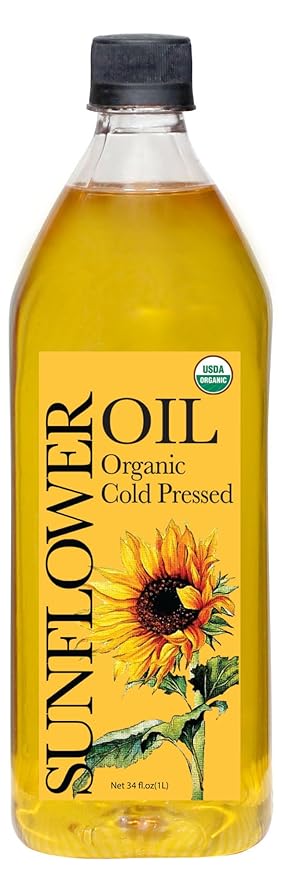 Daana Sunflower Oil: Certified USDA Organic, Extra Virgin, Cold Pressed, High Oleic, Non-GMO. Healthy Oil for Cooking, Baking, Frying, Hair and Skin Care. Pesticide and Chemical Free (34 Fl oz) (Pack of 1)