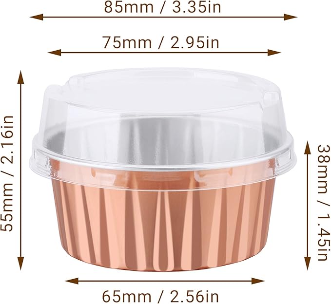 EUSOAR Disposable Foil Ramekins with Lids, 60pcs 5oz Cupcake Liners Aluminum Foil Baking Dessert Cups, Mini Muffin Creme Brulee Ramekins Cheesecake Pan for Catering Wedding Party Favor-Rose Gold