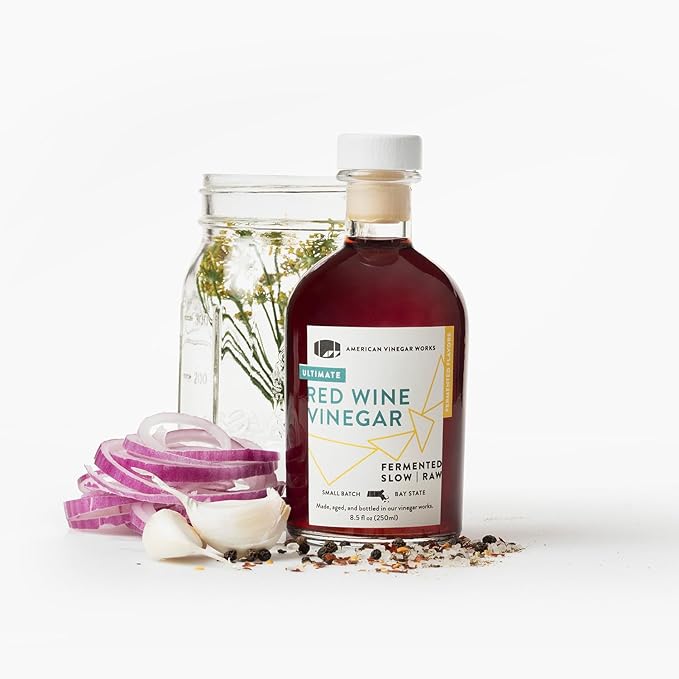 American Vinegar Works - Essential Kitchen Vinegars & Extra Virgin Olive Oil Gift Set - Includes Apple Cider, Red Wine, Rice Wine, and Chardonnay Wine Vinegars (8.5oz ea) with a EVOO (16.9oz)