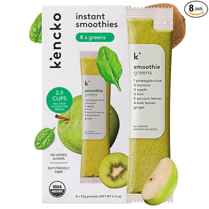 kencko Greens Smoothie Mix Packets - 8 Instant Breakfast Smoothies Made of Nature?™s Original Superfoods - Pineapple, Apple, Kale, Spinach & More - Organic Fruit & Veggie Healthy Smoothies