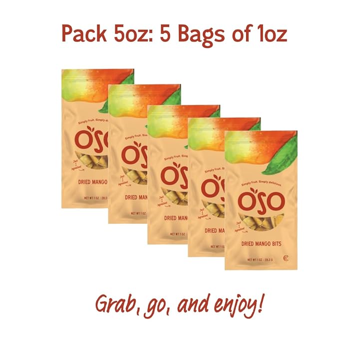 Oso Snacks Dried Mango Bits| 5 Single Bags x 1 Oz | No Sugar Added | No Preservatives | 100% Fruit | No GMO | Simply Fruit. Simply Delicious.