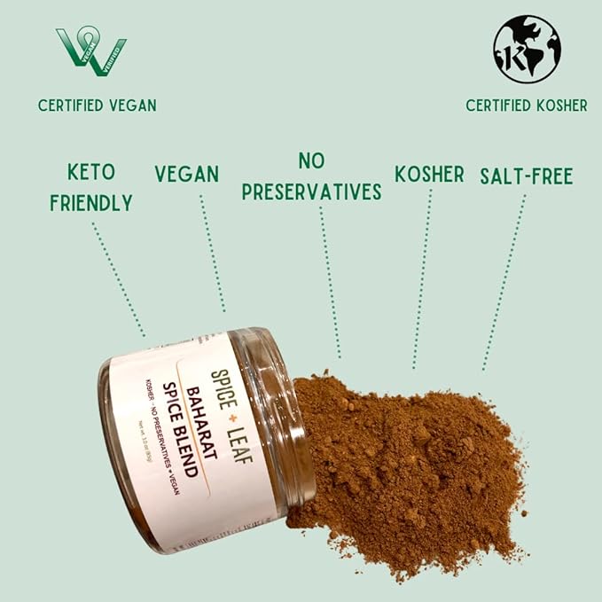 Premium Baharat Spice Blend by Spice + Leaf - Kosher, Vegan, Preservative Free Spice. Vegetarian, Dairy Free and Salt Free