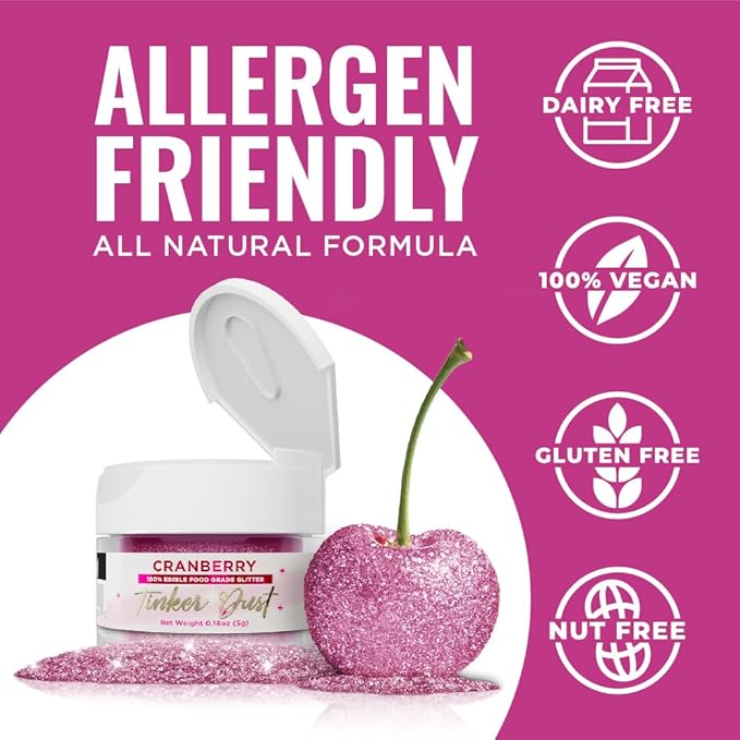 Bakell - Cranberry Tinker Dust (5g, 1x Jar) Edible Glitter for Food, Desserts, and Beverages!