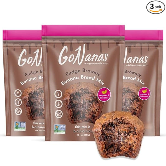 GoNanas Fudge Brownie Oat Flour Banana Bread Mix, Suitable for Plant Based Vegan Diets, Gluten Free Dairy Free Snacks, Healthy Snacks For Adults, Muffin Mix, Nut Free, Cupcakes Dessert, NON-GMO, 3pk