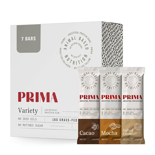PRIMA ANCESTRAL PROTEIN BAR Grass Fed Protein Bars, 7 Pack ??Animal-Based Protein Bar with Beef Tallow, Raw Honey, Seed Oil Free, Low Carb, Gluten-Free ??Healthy, Energy Snacks for Clean Lifestyle (7 Pack, Variety Pack)