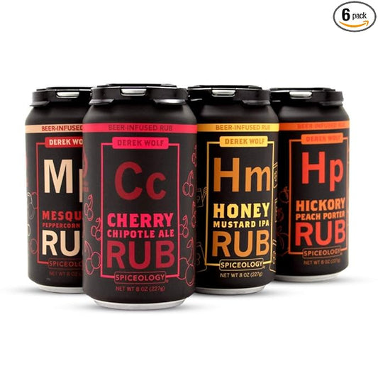 Spiceology ??Derek Wolf Beer-Infused BBQ Rub Set ??Cherry Chipotle Ale, Honey Mustard IPA, Hickory Peach Porter, Imperial Coffee Stout, Jalapeño Lime Pilsner & Mesquite Peppercorn Lager ??6 Pack