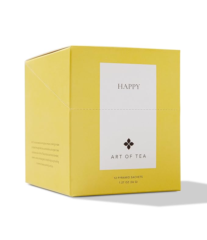 Art of Tea | Organic Happy Tea | 12 Eco Friendly Pyramid Tea Bags Sachet | Naturally Caffeinated Mighty Aroma