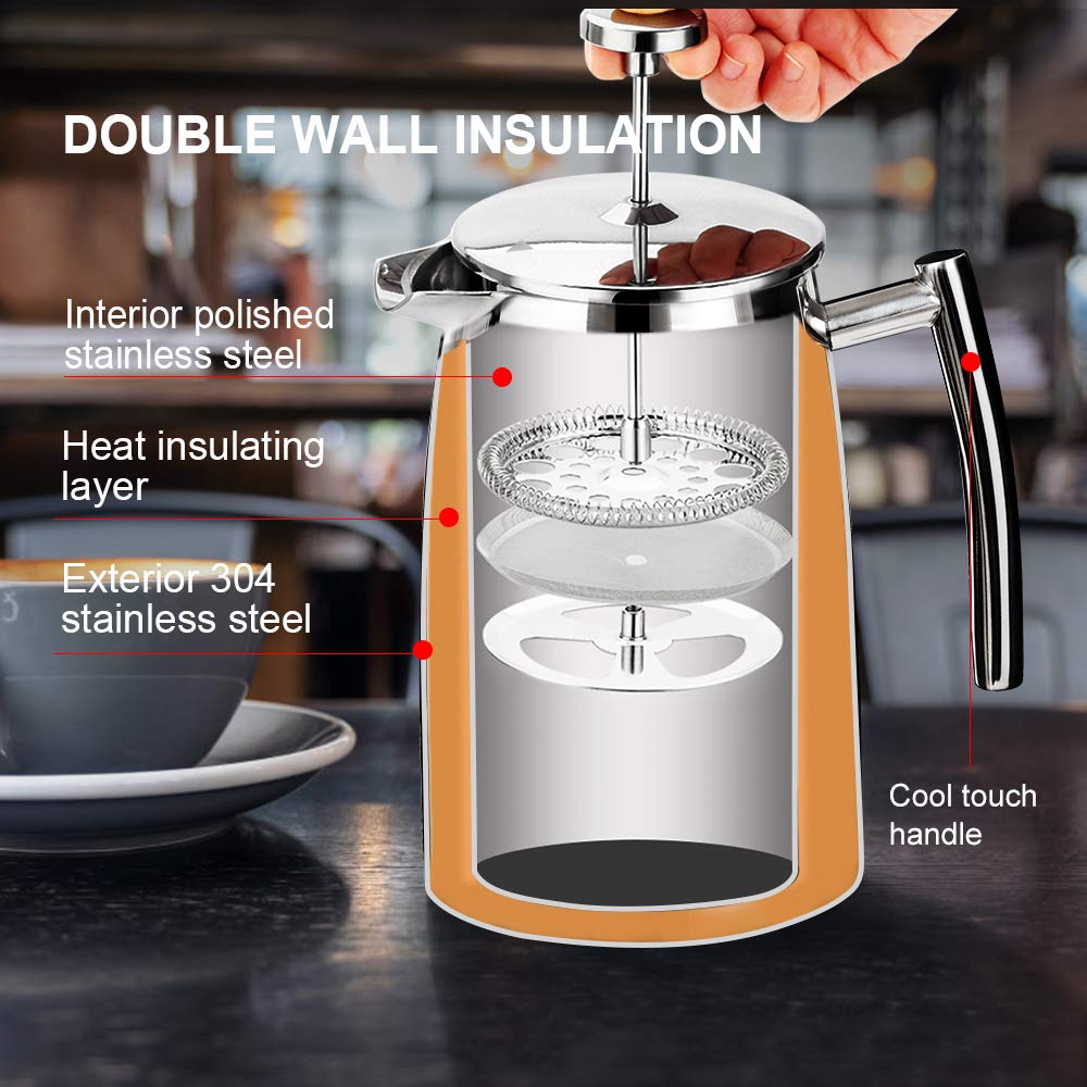 Secura French Press Coffee Maker, 50-Ounce, 304 Stainless Steel Insulated Coffee Press with Extra