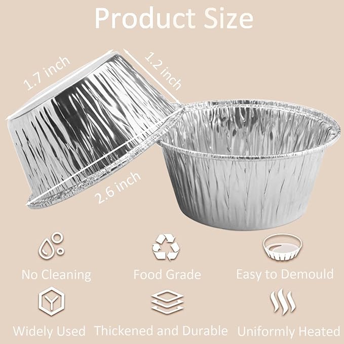 Aluminum Foil Baking Cups, 200 Pack Disposable 3 Oz Ramekins Aluminum Cupcake Muffin Liners Silver Foil Baking Cups for Egg Tart, Baking, Cupcake, Pudding, Appetize