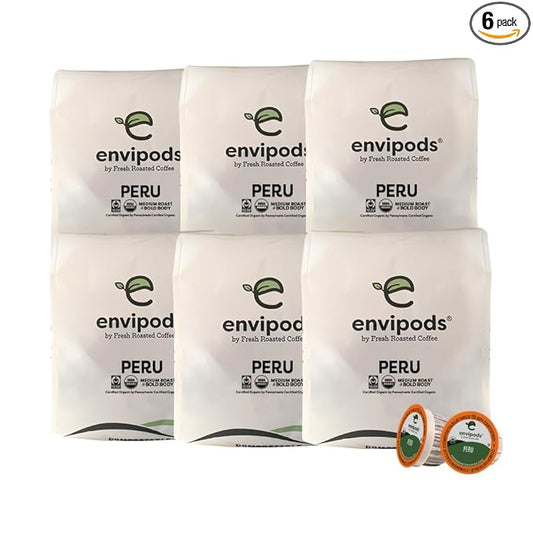 Fresh Roasted Coffee, Organic Peru envipods | Mold & Myco 3rd Party Tested, BPI Compostable, USDA Organic, Kosher | Med Roast 72 CT Compatible With 1.0 & 2.0 K Cup Brewers