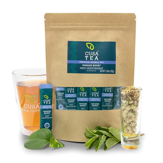 Cusa Tea & Coffee | Immune Boost Herbal Tea | Premium Caffeine Free Instant Tea | Hot & Iced Tea with No Added Sugar (30 Single Servings)