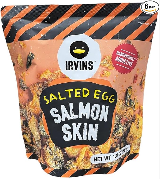 IRVINS Salted Egg Salmon Skin Chips Crisps | Premium Hand Cooked | Halal | High Protein | Keto-Friendly | 3.7 oz (Pack of 6)