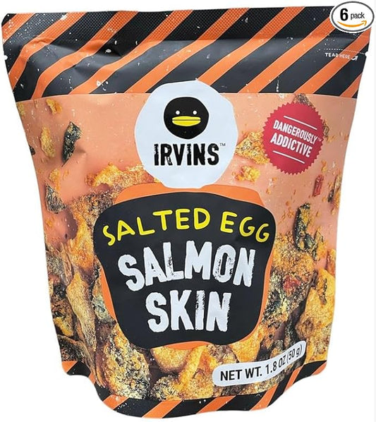 IRVINS Salted Egg Salmon Skin Chips Crisps | Premium Hand Cooked | Halal | High Protein | Keto-Friendly | 3.7 oz (Pack of 6)