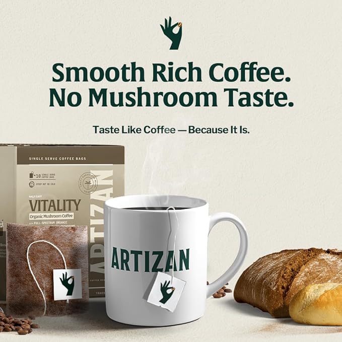 Artizan Organic Single-Serve Mushroom Coffee Bags – Lion’s Mane + Chaga | Half Caff | Full City Plus Roast | 20 Count | No Equipment Needed | Specialty-Grade Craft Roasted, Nitro-Sealed, Compostable