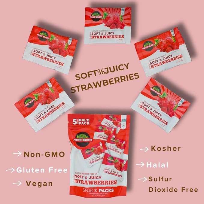 Perfect Delights Snack Pack Strawberries, Sun-Dried Strawberries, On-the-Go Vegan, Healthy Snack, Easy-to-Carry Dried Strawberries, Perfect for Kids & Adults - 5 Pack