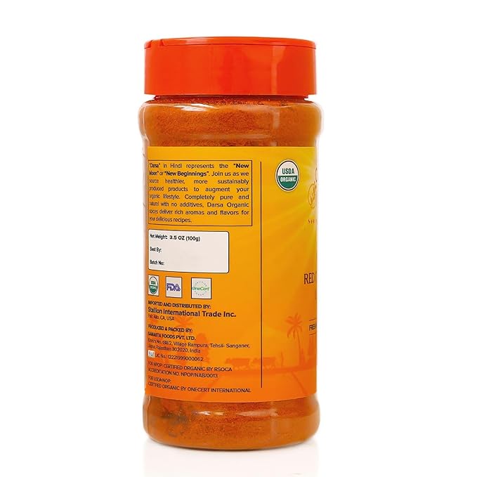 Darsa Organics Indian Red Chili Powder 3.5 oz - USDA Organic Certified Premium Red Chili Powder Organic from India, Non-GMO, Kosher, Gluten Free Chilli Powder Seasoning for Authentic Indian Dishes & Recipes, Packed in a convenient Food Grade PET Jar