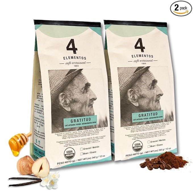 4Elementos | Whole Bean Specialty Coffee, Medium Roast, 100% Organic Arabica from Colombia, Honey, Sweet Chocolate & Brown Sugar Notes, 12oz (Pack of 2)