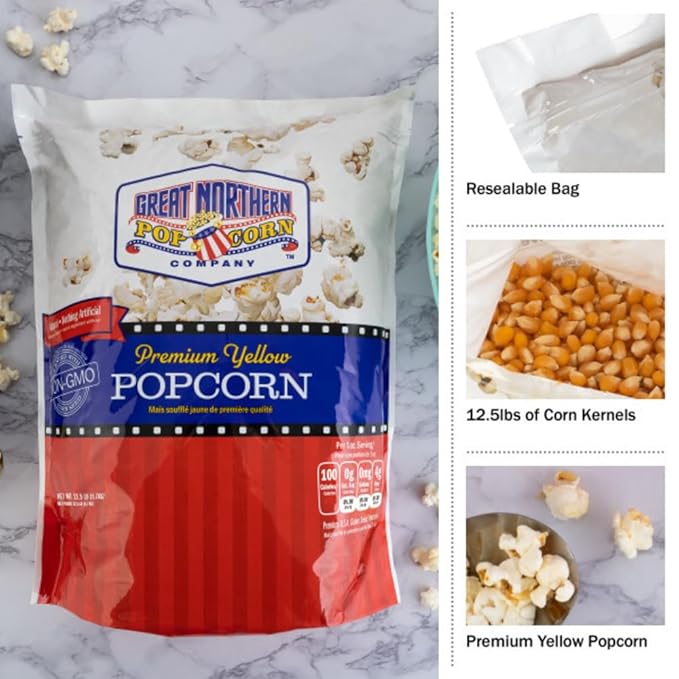 Premium Yellow Popcorn Kernels - 12.5lbs Resealable Bag of Gourmet Bulk Popping Corn for Microwave, Stovetop, and Machines by Great Northern Popcorn