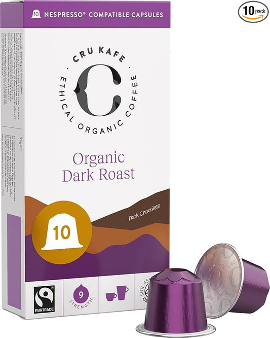 Cru Kafe Dark Roast USDA Organic Espresso Coffee Capsules (10 Pods) Fairtrade Coffee Pods Compatible with Nespresso Original Line and Pixie Machines