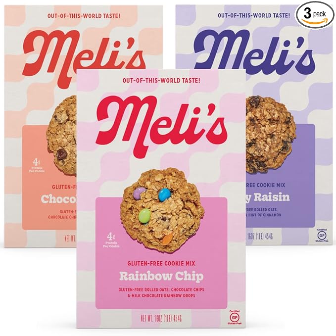 Meli?셲 Gluten Free Cookie Mix, Cookies Variety Pack - Chocolate Chip, Rainbow Chip & Oatey Raisin, High Protein Baking Mix, Easy Bake Oven Mixes for Sweet Treats & Desserts, 16oz Box,3-Pack