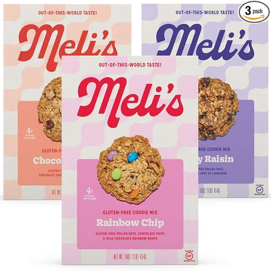 Meli?셲 Gluten Free Cookie Mix, Cookies Variety Pack - Chocolate Chip, Rainbow Chip & Oatey Raisin, High Protein Baking Mix, Easy Bake Oven Mixes for Sweet Treats & Desserts, 16oz Box,3-Pack