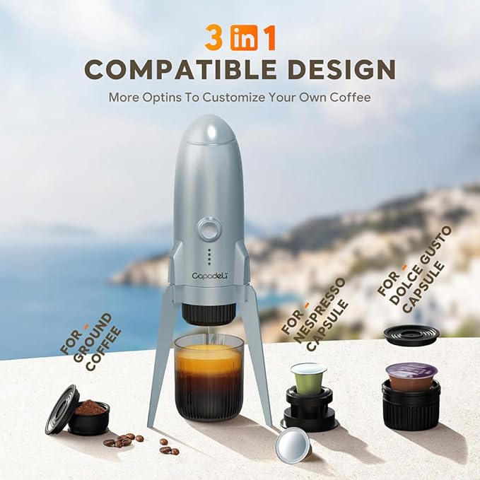 3 in 1 Portable Espresso Machine On the Go, Self-Heating Electric Espresso Maker, 19 Bar Mini Coffee Maker For Travel Camping & Hiking For Ground Coffee & N ESPRESSO/DolceGusto Pod, Bright White