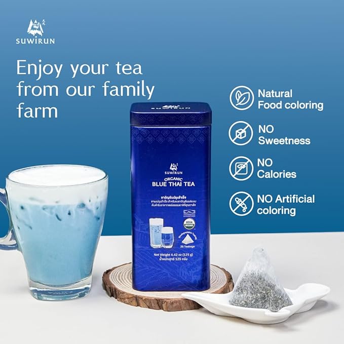 Suwirun Organic Blue Thai Tea 25 Bags ??Naturally Blue Butterfly Pea Tea ??Floral Aroma with Vanilla & Green Tea ??Great for Hot, Iced & Milk Tea
