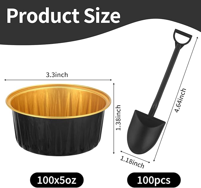 100Pack Mini Cake Pans with Lids Baking Cups with Spoons (Black&Gold)