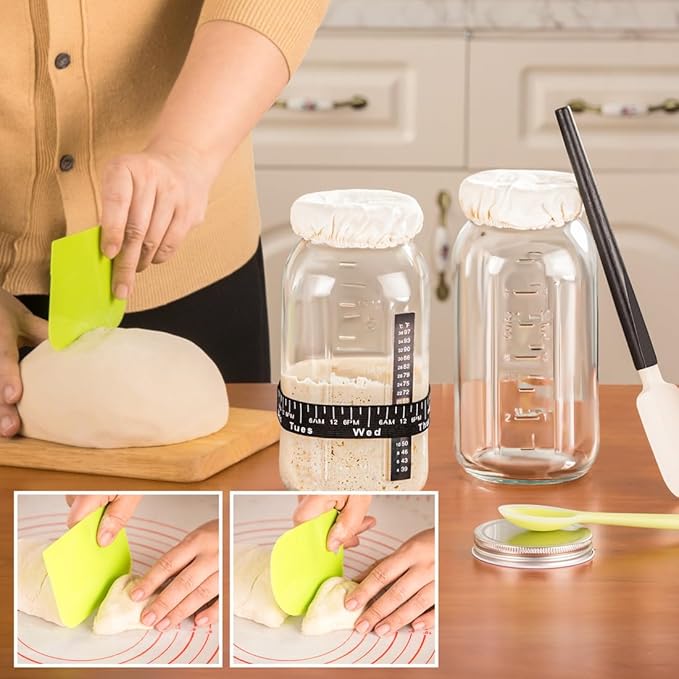 Alltrip Sourdough Starter Kit, 64oz Large Capacity Sourdough Starter Jar with 3 Dough Scraper, Silicone Scraper Silicone Brush & Cute Stickers, Sourdough Bread Baking Supplies, Gifts for Bakers