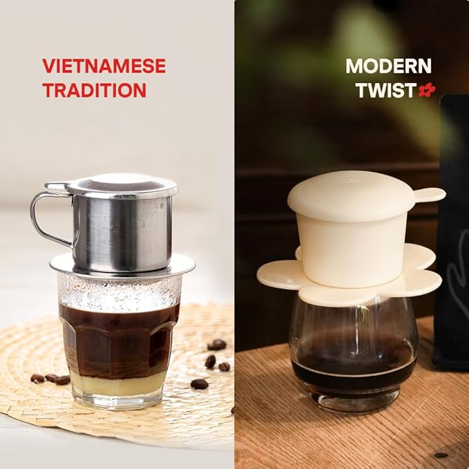 ??Vietnamese Coffee Dripper ??MIX COLORS ??Pour Over Coffee Maker with Flower Design ??Reusable Coffee Filter for Sustainable Brewing (Red + Pink)