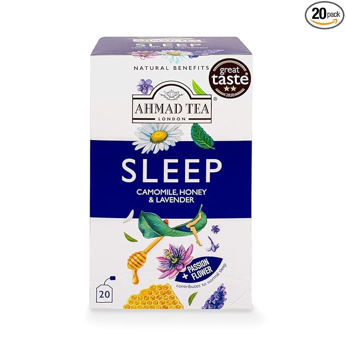 Ahmad Tea Herbal Tea, Camomile, Honey, & Lavender 'Sleep' Natural Benefits Teabags, 20 ct (Pack of 1) - Decaffeinated & Sugar-Free