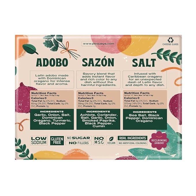 Pisqueya Latin Seasoning Gift Set – Sazón, Adobo & Oregano Sea Salt | Bold Flavor & All-Natural Ingredients | Low Sodium, No MSG, No Preservatives | Pack of 3
