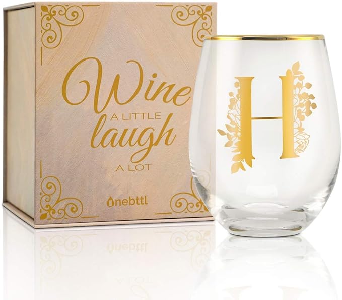 Onebttl Unique Stemless Wine Glasses, Initial Wine Cup for Red or White Wine - 18oz, Monogrammed, Gold - for Women, Girls, Female, Her, Friends, Coworkers, Clients - for Birthday, Christmas