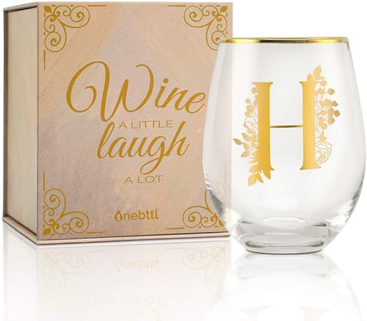 Onebttl Unique Stemless Wine Glasses, Initial Wine Cup for Red or White Wine - 18oz, Monogrammed, Gold - for Women, Girls, Female, Her, Friends, Coworkers, Clients - for Birthday, Christmas