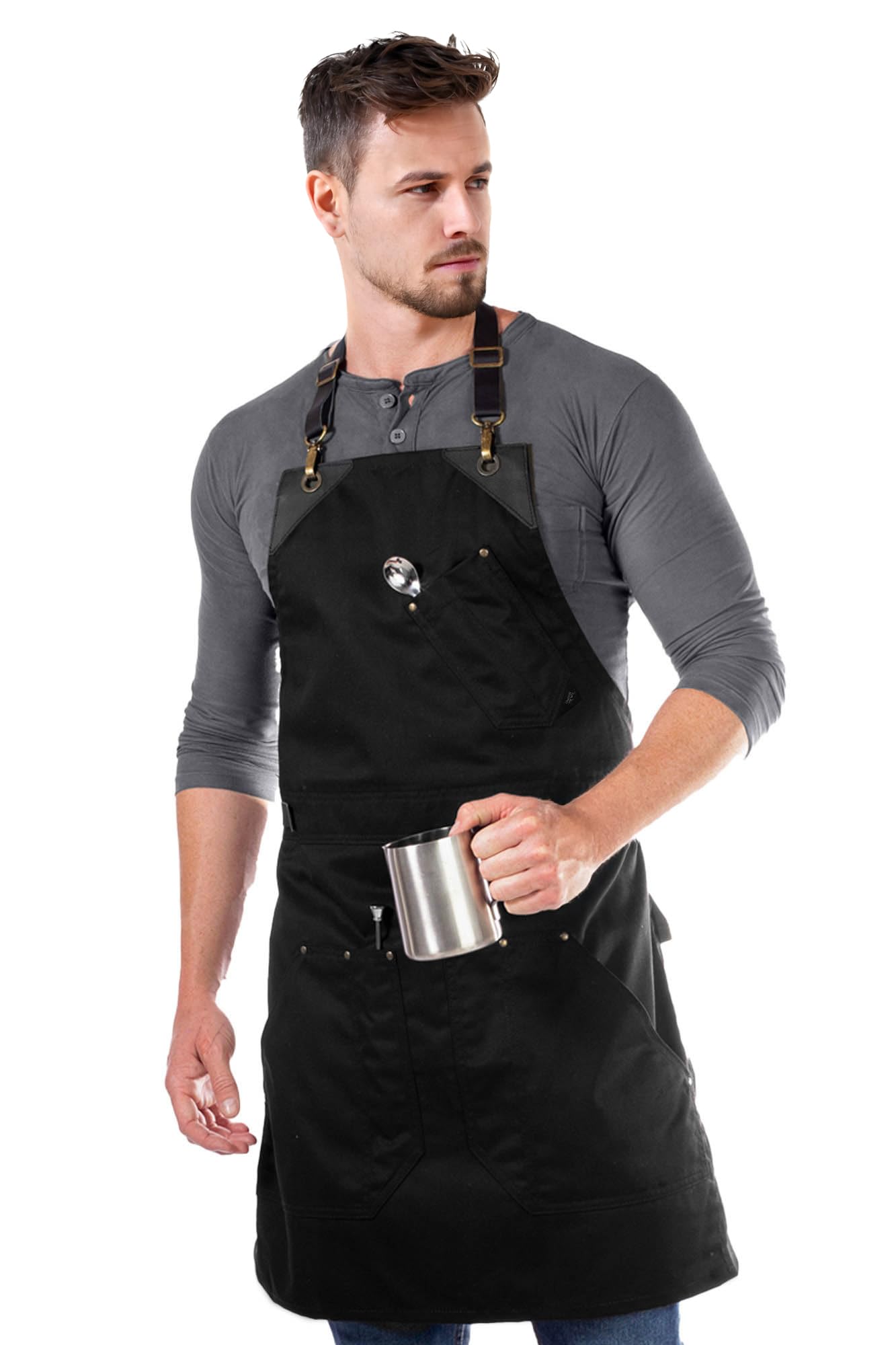 Under NY Sky Barista Apron, Detachable Leather Straps, Riveted - Black