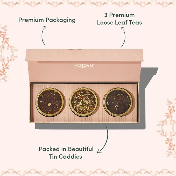 VAHDAM, BLUSH - Assorted Tea Gift Set for Women (3 Premium Teas) Tin Caddy Presentation Box | Loose Leaf | Gluten Free, Non GMO | Gifts for Her | Gifts for Women