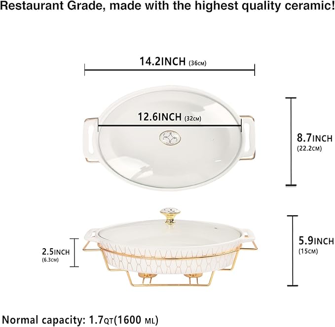 12" x 8" Ceramic Oval Casserole Dish with Glass Lid and rack, 54 ounce Serving Soup Tureen,Chafing Dish for Buffet, Family Food preserve Tray, Catering Casserole for Party Style, White