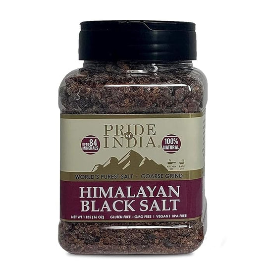 Pride Of India - Himalayan Black Salt - Coarse Grind, 1 Pound (16oz) Jar - Kala Namak - Contains 84+ Minerals - Use in grinders, restaurants & cooking - Perfect for Faux Egg Recipes & Vegan Scramble