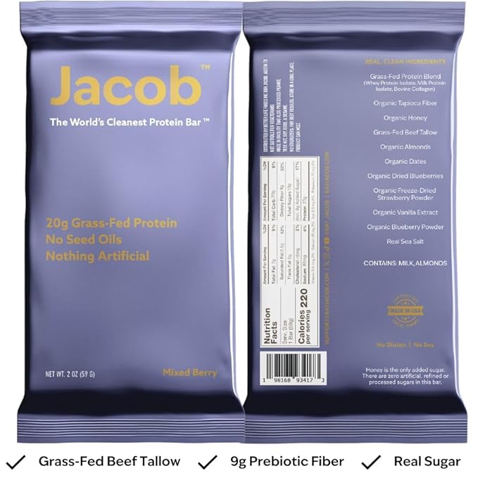 Jacob Bar, Protein Bars, Mixed Berry (9 Bars Total) - 20g Grass-Fed Protein, No Seed Oils, Nothing Artificial