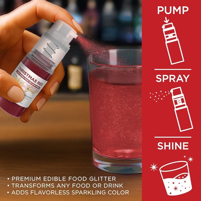 Bakell - Christmas Red Tinker Dust (4g, 1x Mini Spray Pump) Edible Glitter for Food, Desserts, and Beverages!