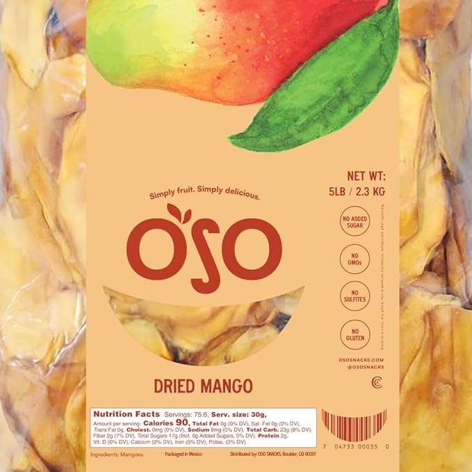 Oso Snacks Dried Mango Slices. Premium Quality, Large Round Halves!| 5LB Bulk Bag| No Sugar Added | No Preservatives | 100% Fruit | No GMO | Simply Fruit. Simply Delicious.