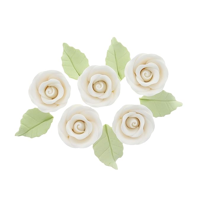 Global Sugar Art Premium Wedding & Party Edible Rose Cake & Cupcake Sugar Flowers, White, 24 Count with Leaves by Chef Alan Tetreault