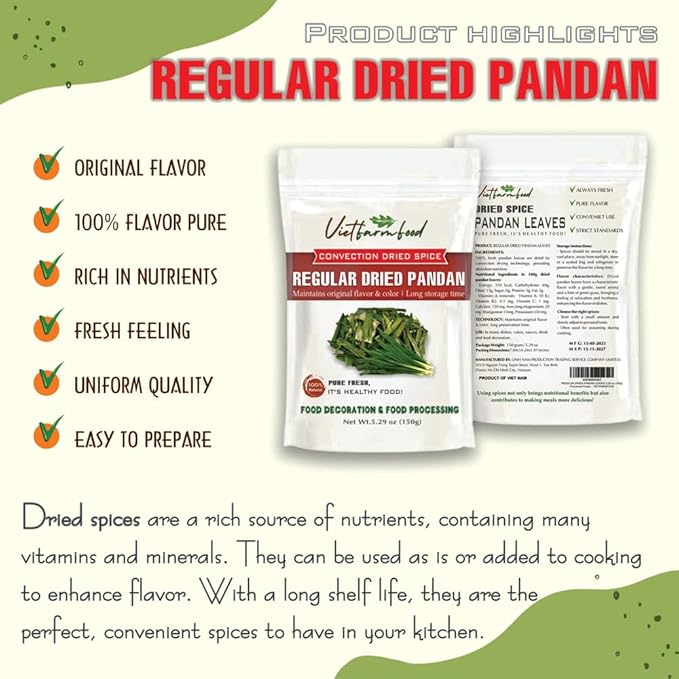 REGULAR DRIED PANDAN 5.29 Oz (150g) VIETFARMFOOD: Natural pure, convection dried seasoning made from real vegetables - perfect for adding flavor to any meal, from cooking, baking, salad, soups, sauces