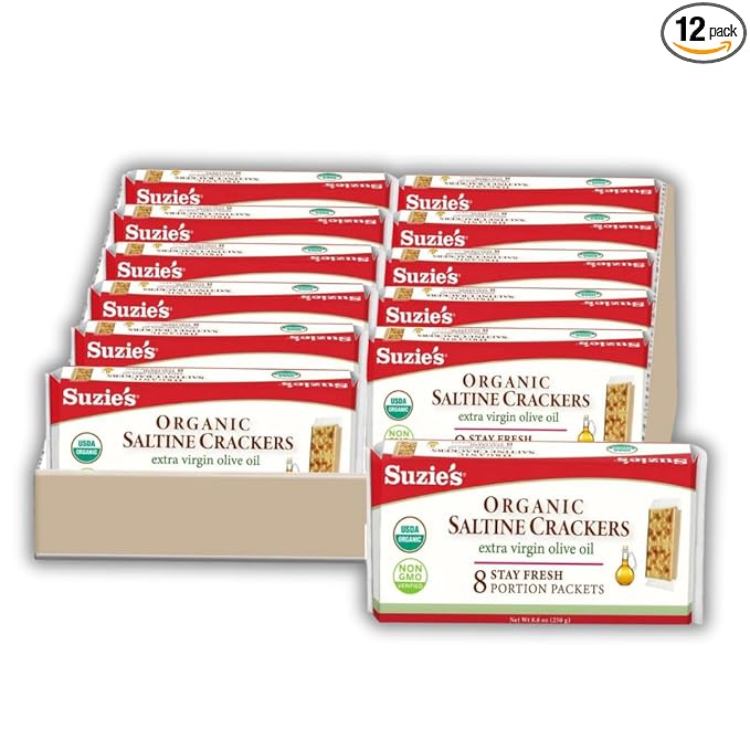 Suzie's Organic Saltines Crackers|Salted w/Extra Virgin Olive Oil|Low Saturated Fat|Healthy Gourmet Baked Vegan Snack for Adults & Children| 12 Packs (96 individual Stay Fresh Packs) - 8.8oz Each