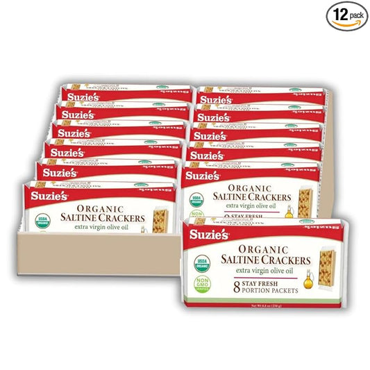 Suzie's Organic Saltines Crackers|Salted w/Extra Virgin Olive Oil|Low Saturated Fat|Healthy Gourmet Baked Vegan Snack for Adults & Children| 12 Packs (96 individual Stay Fresh Packs) - 8.8oz Each