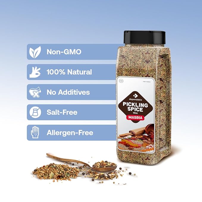 Dependable Foods Pickling Spice - 10 oz. Jar - Easy Dispensing Lid – Kosher, Non-GMO Pickling Spice Mix for Vegetables, Canning Pickles, & More