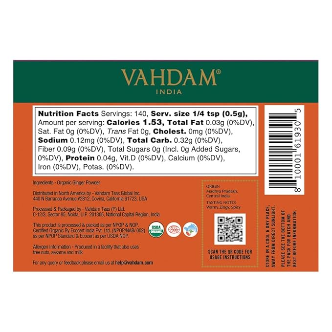 VAHDAM, Organic Ginger Powder (2.47oz) 100% Raw Ground Ginger Root Powder from India | Active Gingerol - Non GMO, Gluten Free | Direct from Source