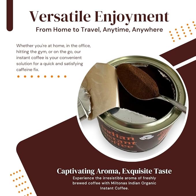 Miltonas Indian Organic Instant Coffee - Medium Roast Coffee Made From Robusta & Arabica Indian Coffee Beans - Freeze Dried Instant Coffee For Office, Home, Gym - Taste Bud Exciting strong coffee 90g
